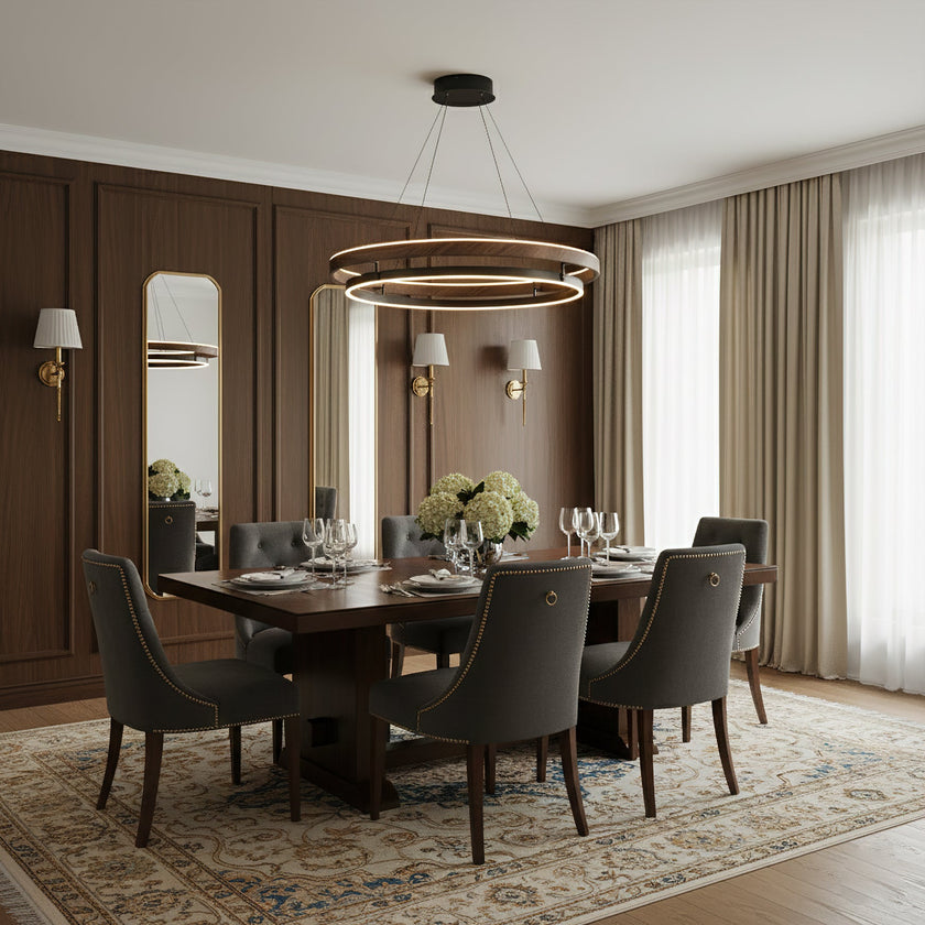 Dimmable Mid-century Double-Ring Walnut LED Chandelier