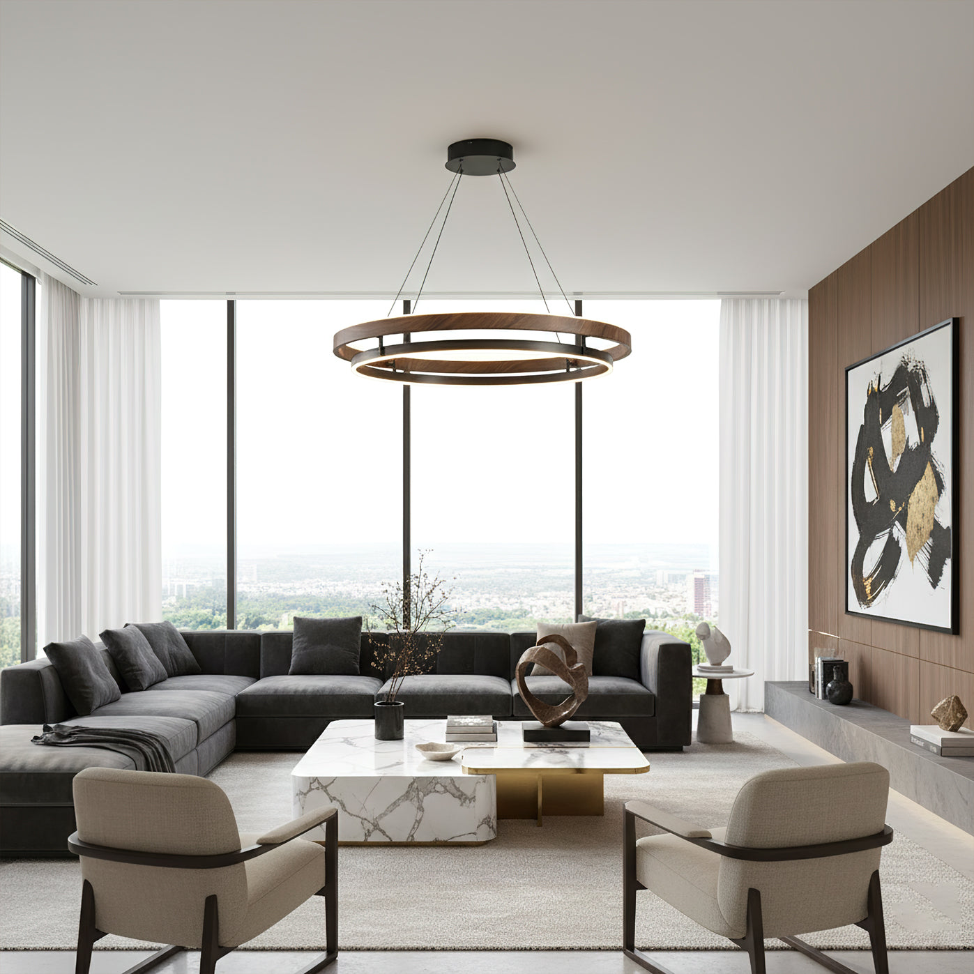 Dimmable Mid-century Double-Ring Walnut LED Chandelier