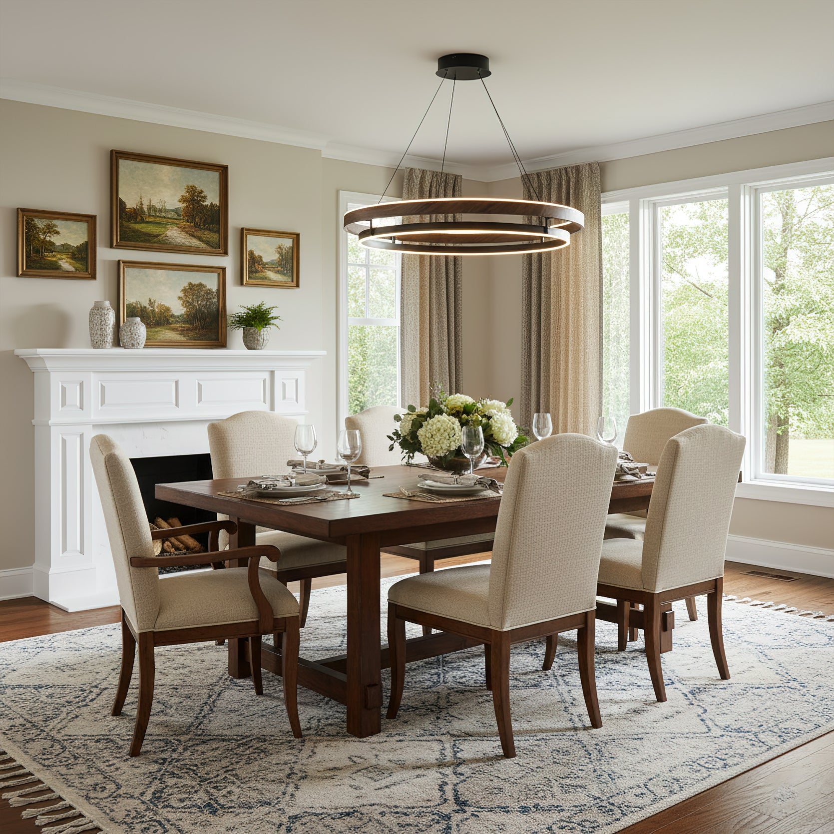 Dimmable Mid-century Double-Ring Walnut LED Chandelier