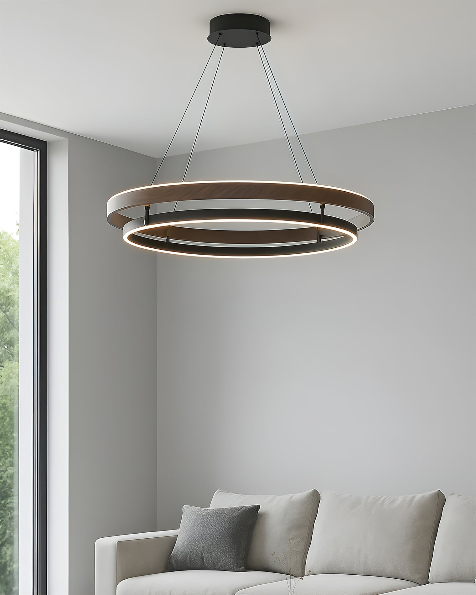 Dimmable Mid-century Double-Ring Walnut LED Chandelier