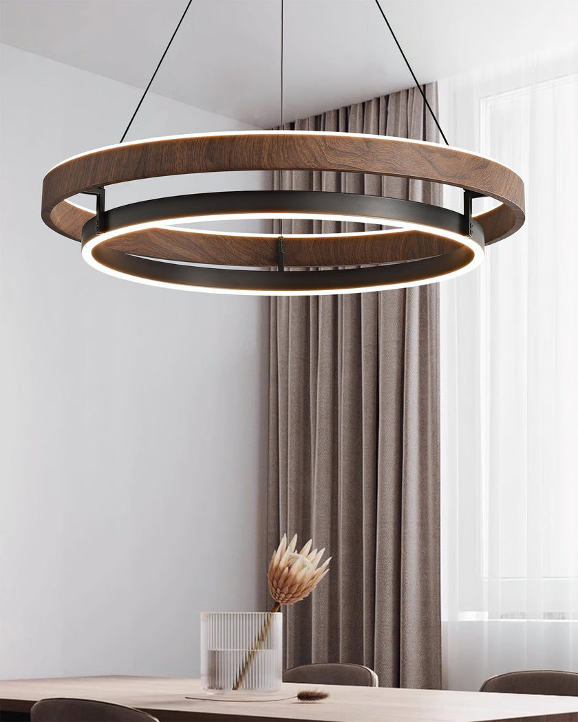 Dimmable Mid-century Double-Ring Walnut LED Chandelier