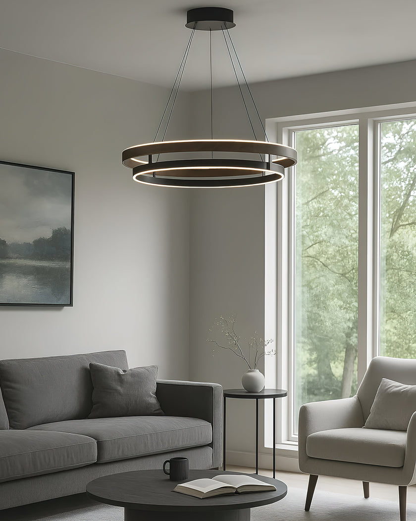 Dimmable Mid-century Double-Ring Walnut LED Chandelier