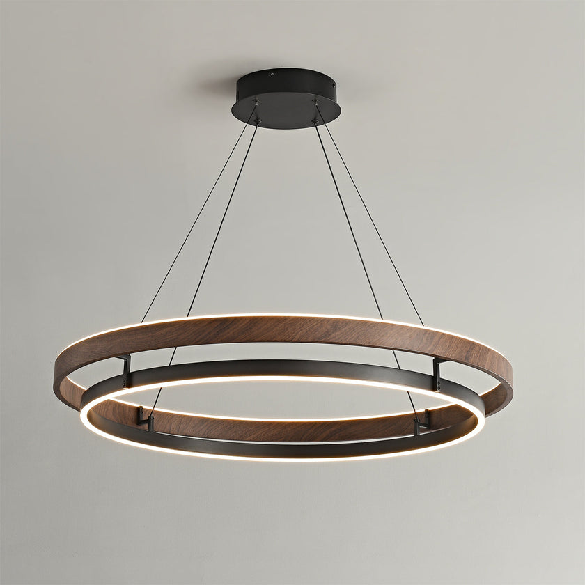 Dimmable Mid-century Double-Ring Walnut LED Chandelier