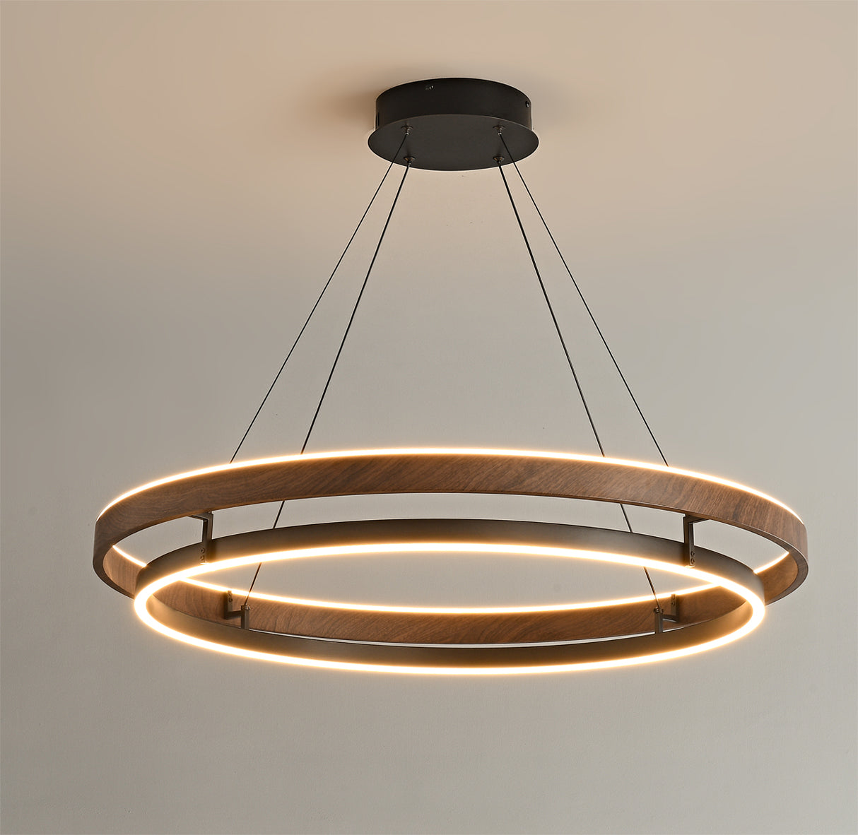 Dimmable Mid-century Double-Ring Walnut LED Chandelier