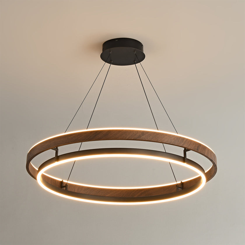 Dimmable Mid-century Double-Ring Walnut LED Chandelier