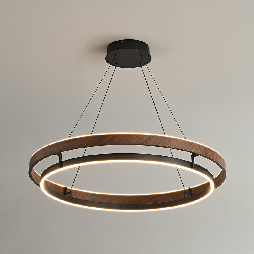 Dimmable Mid-century Double-Ring Walnut LED Chandelier