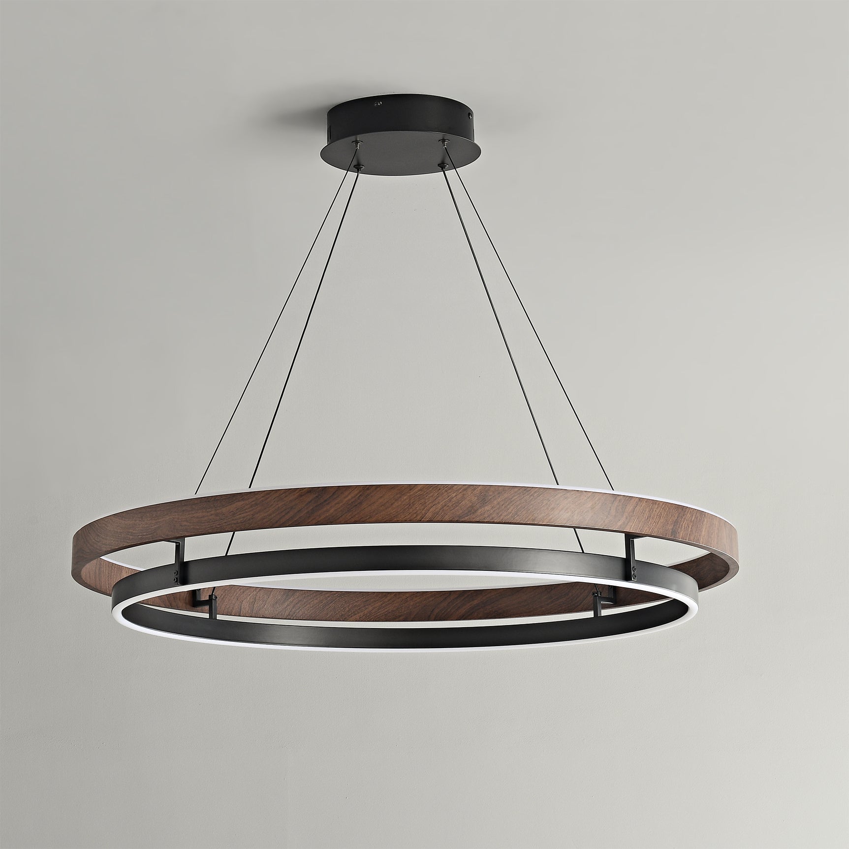 Dimmable Mid-century Double-Ring Walnut LED Chandelier