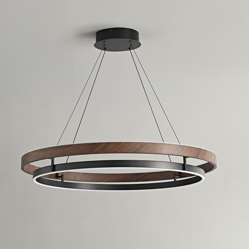 Dimmable Mid-century Double-Ring Walnut LED Chandelier
