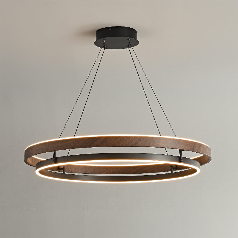 Dimmable Mid-century Double-Ring Walnut LED Chandelier