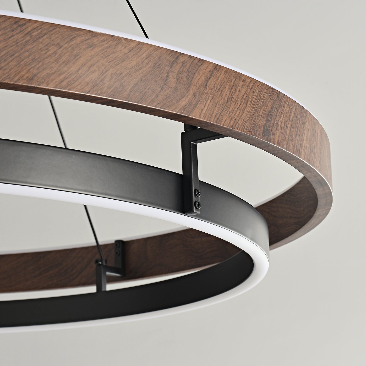 Dimmable Mid-century Double-Ring Walnut LED Chandelier