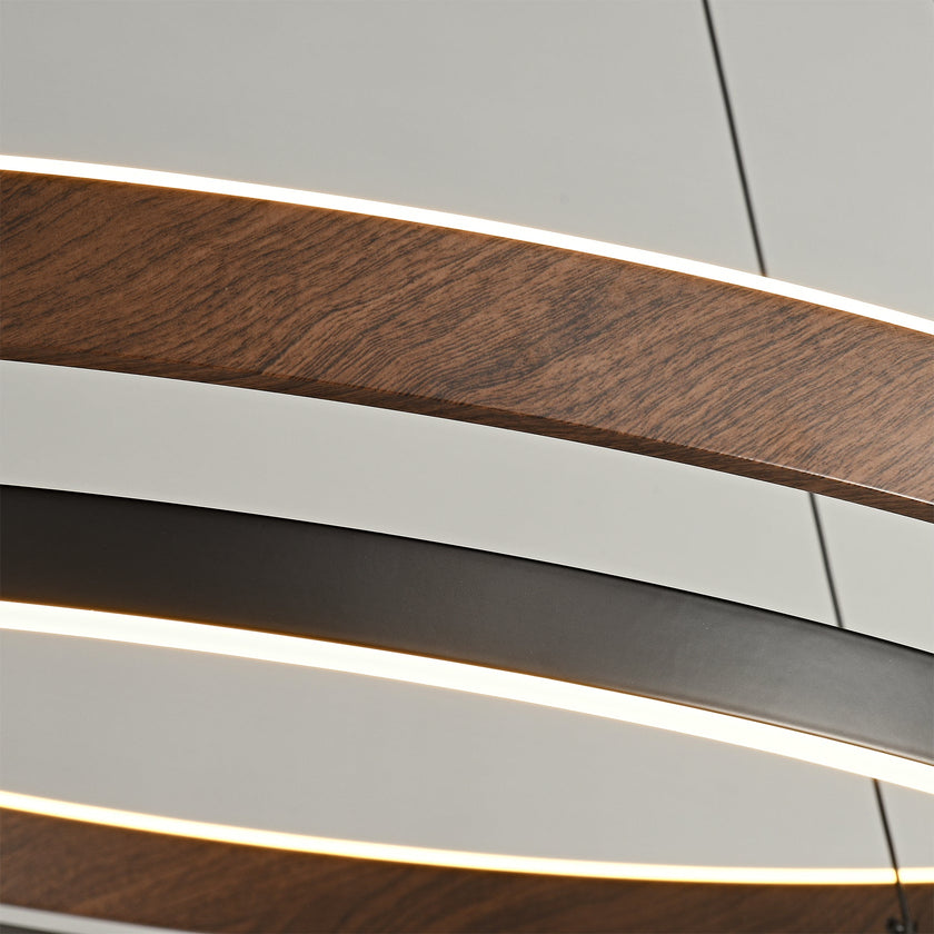 Dimmable Mid-century Double-Ring Walnut LED Chandelier