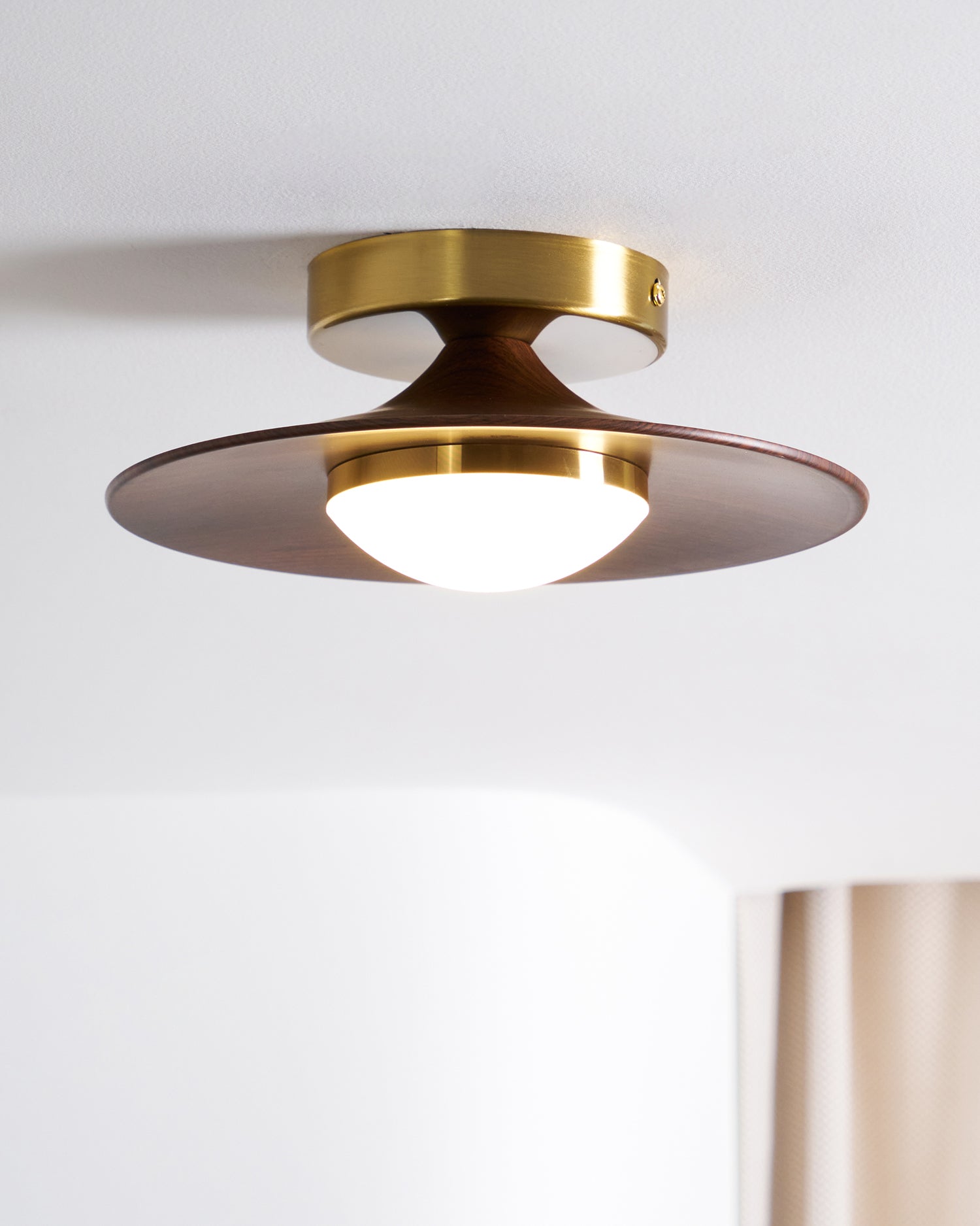 Mid-century Compact Walnut LED Flush Mount Ceiling Lamp
