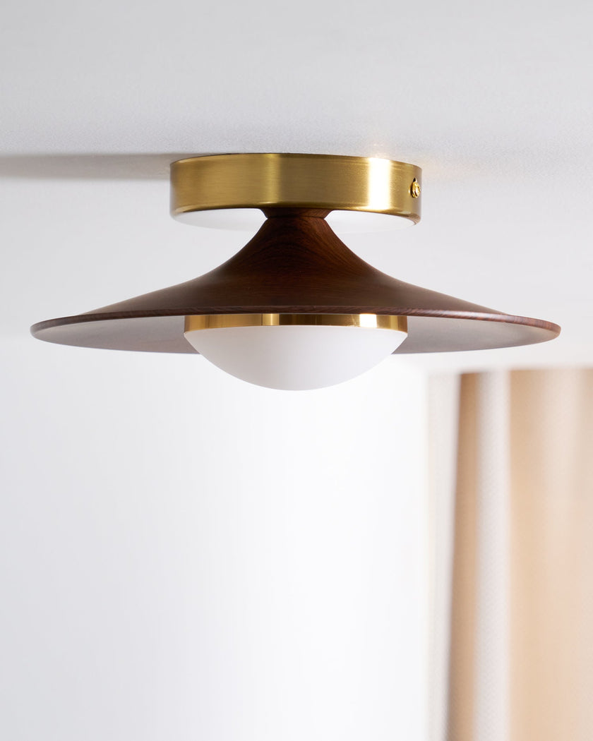 Mid-century Compact Walnut LED Flush Mount Ceiling Lamp