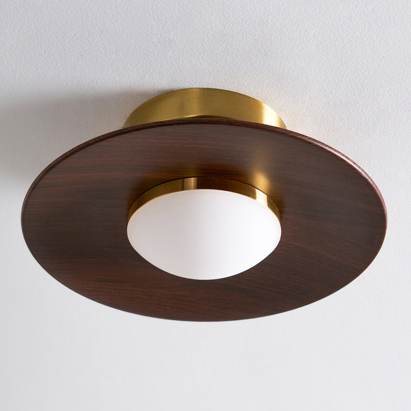 Mid-century Compact Walnut LED Flush Mount Ceiling Lamp