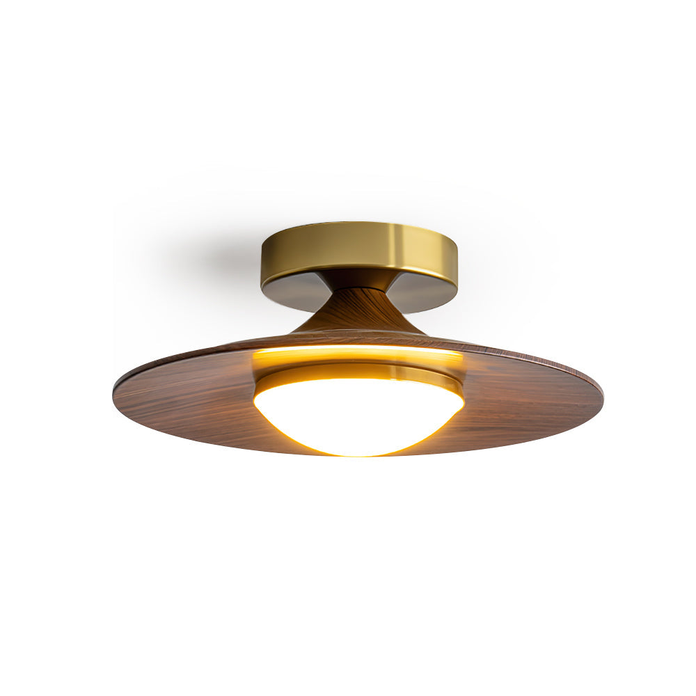 Mid-century Compact Walnut LED Flush Mount Ceiling Lamp