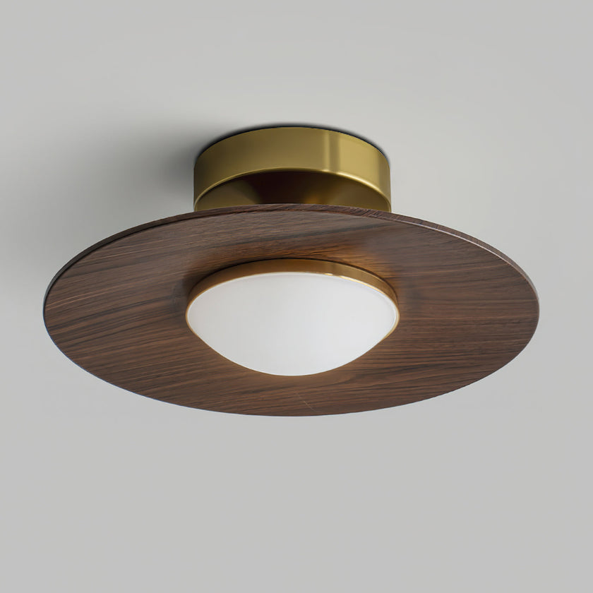 Mid-century Compact Walnut LED Flush Mount Ceiling Lamp