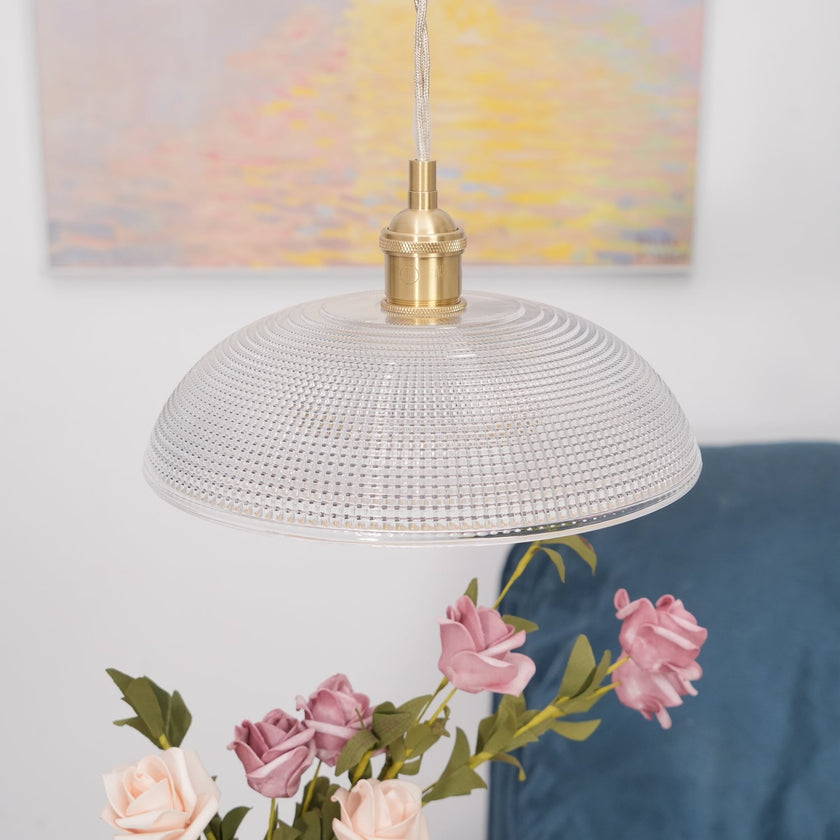 Ribbed Glass Dome Brass Pendant Light