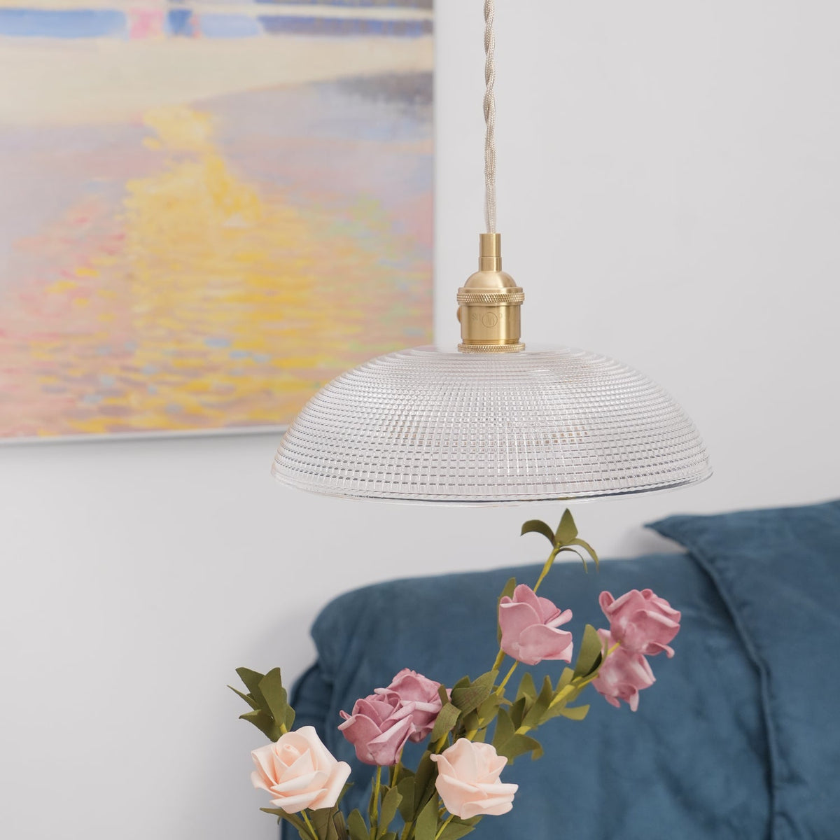 Ribbed Glass Dome Brass Pendant Light