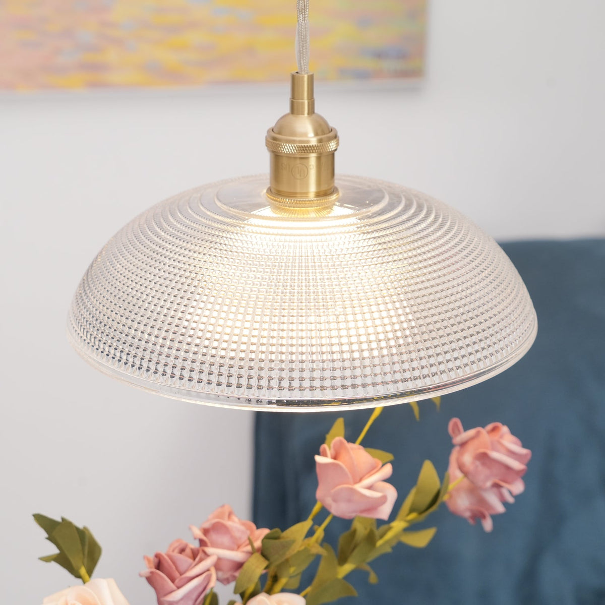 Ribbed Glass Dome Brass Pendant Light