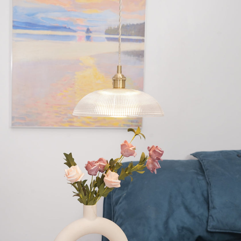 Ribbed Glass Dome Brass Pendant Light