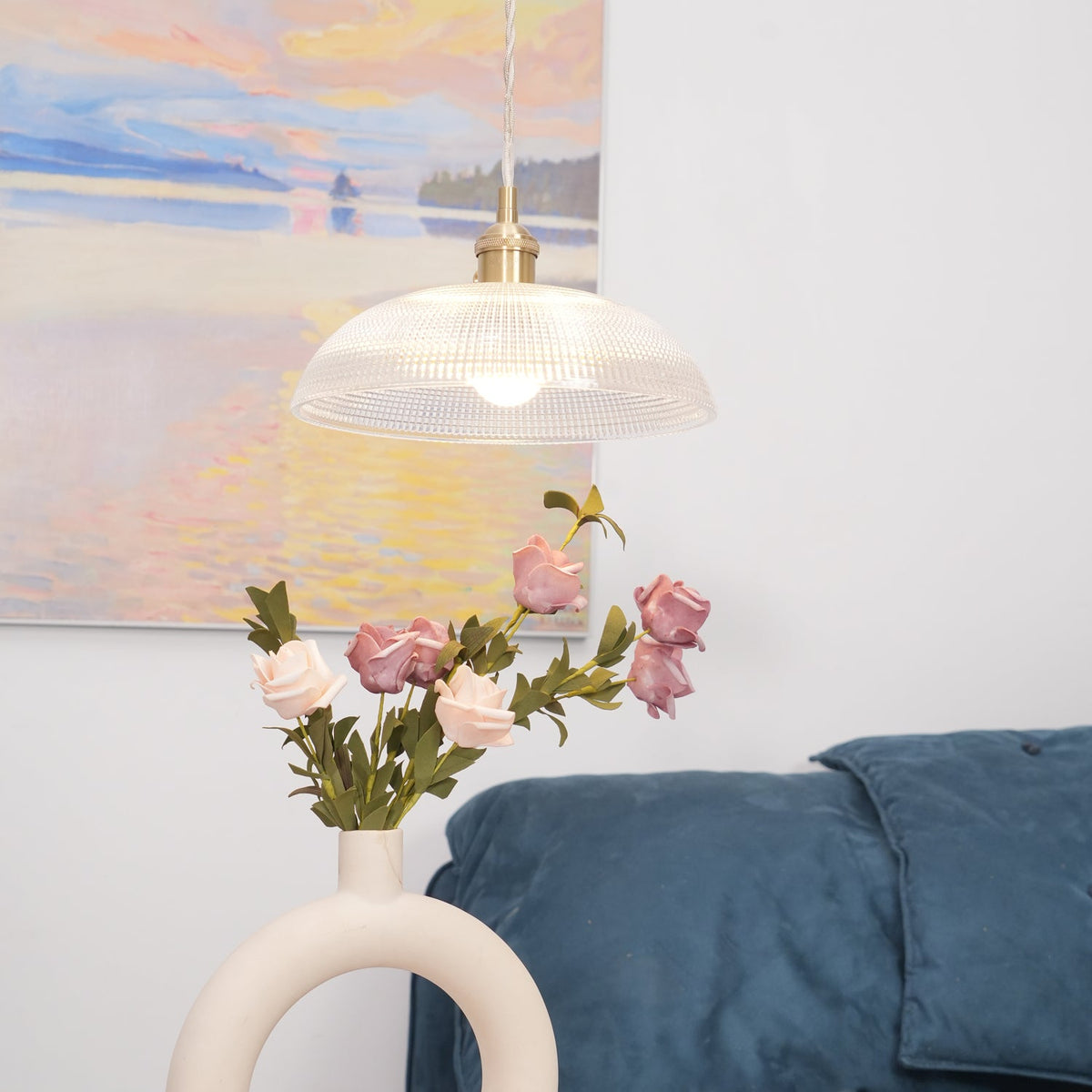 Ribbed Glass Dome Brass Pendant Light