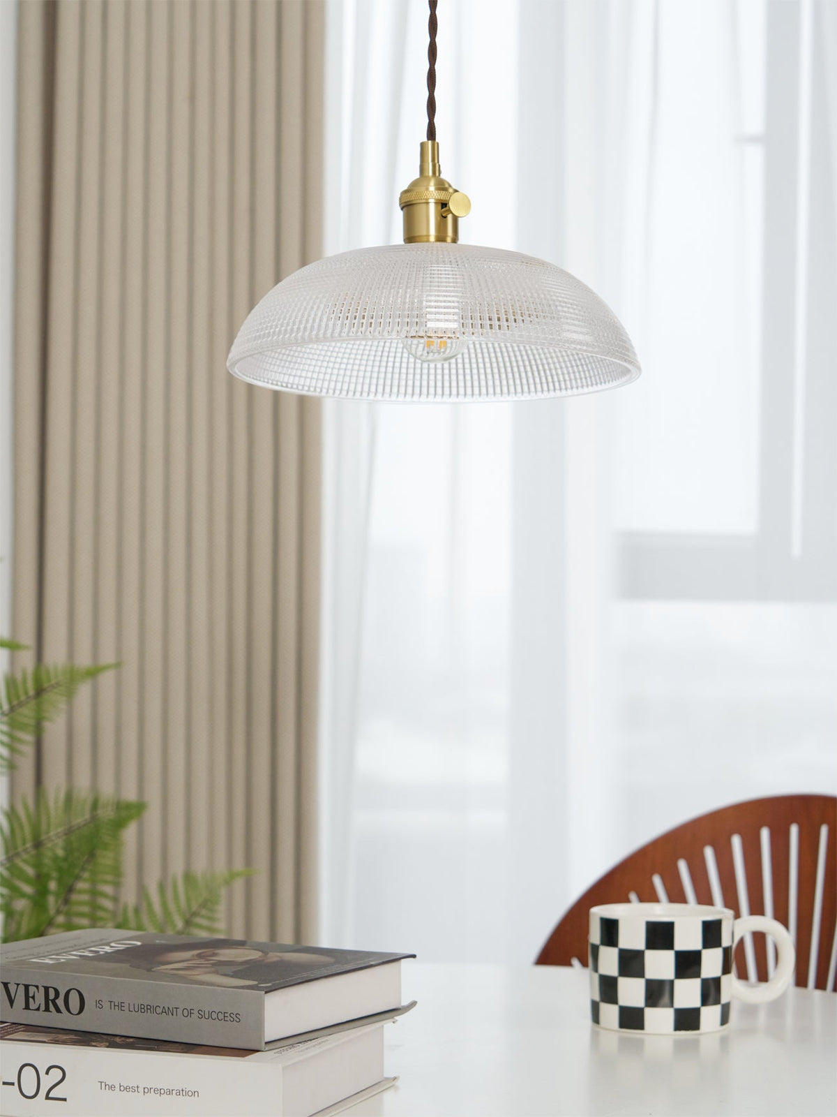 Ribbed Glass Dome Brass Pendant Light