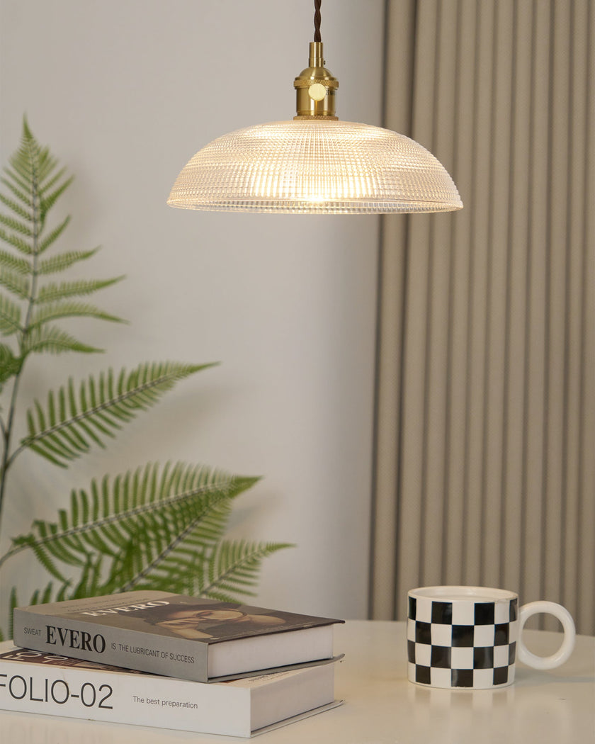 Ribbed Glass Dome Brass Pendant Light