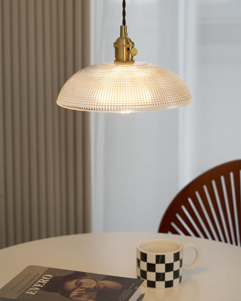 Ribbed Glass Dome Brass Pendant Light