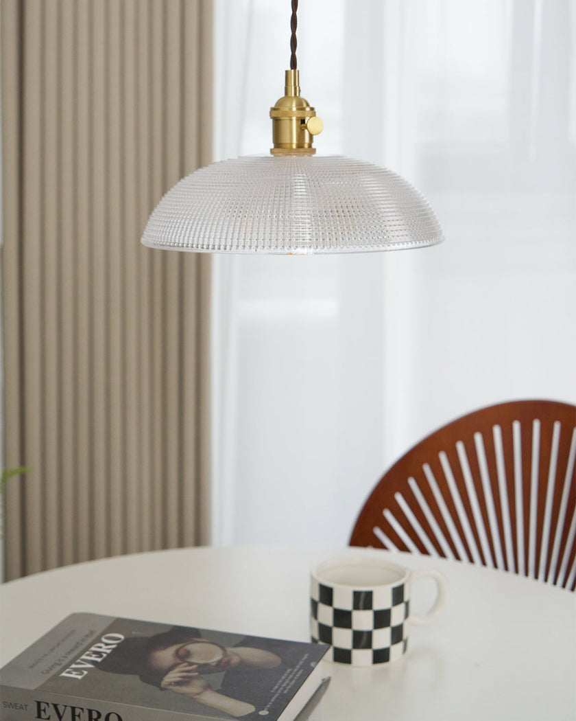 Ribbed Glass Dome Brass Pendant Light