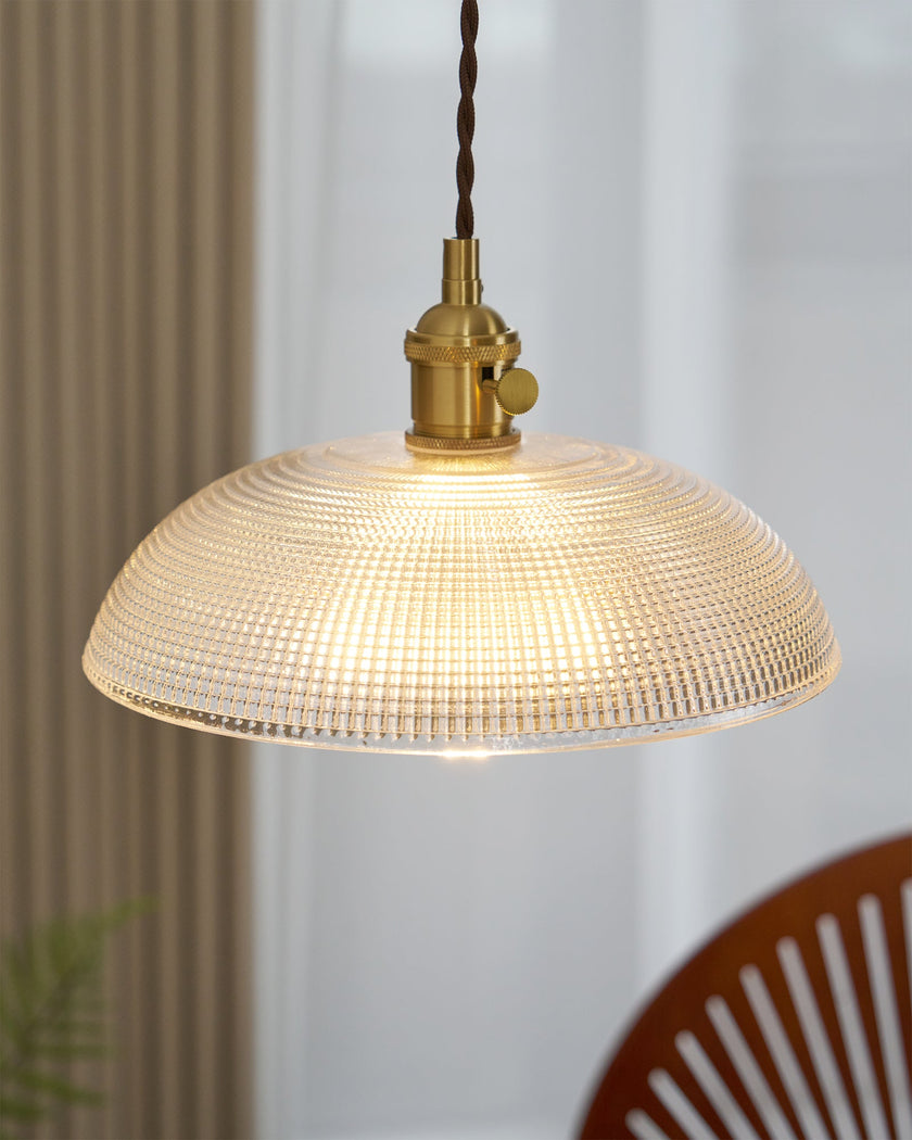 Ribbed Glass Dome Brass Pendant Light