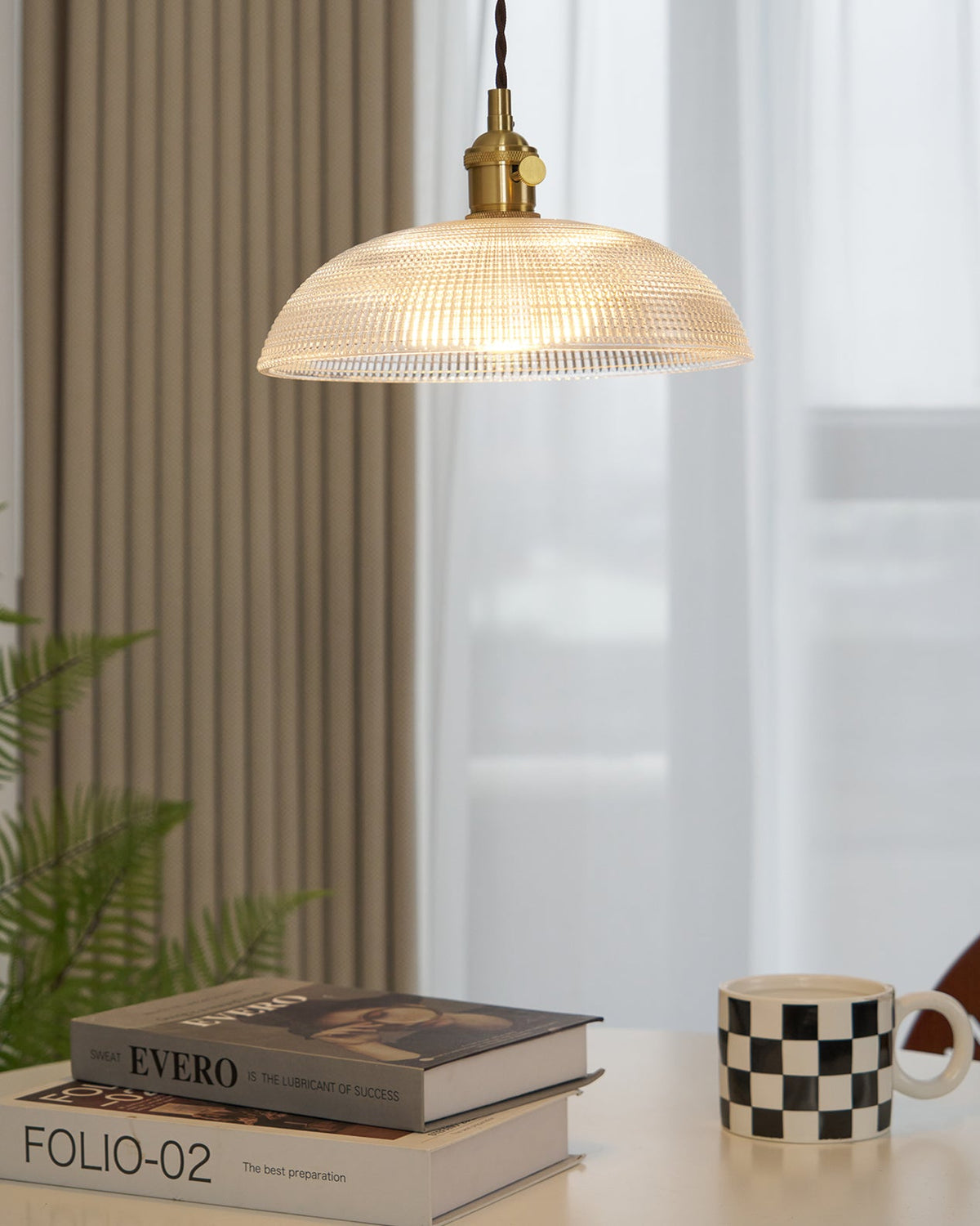 Ribbed Glass Dome Brass Pendant Light
