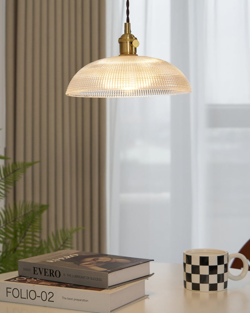 Ribbed Glass Dome Brass Pendant Light