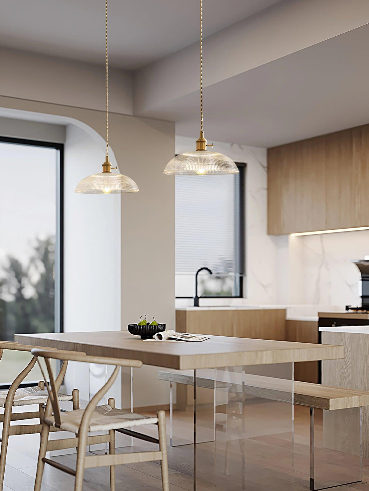 Ribbed Glass Dome Brass Pendant Light