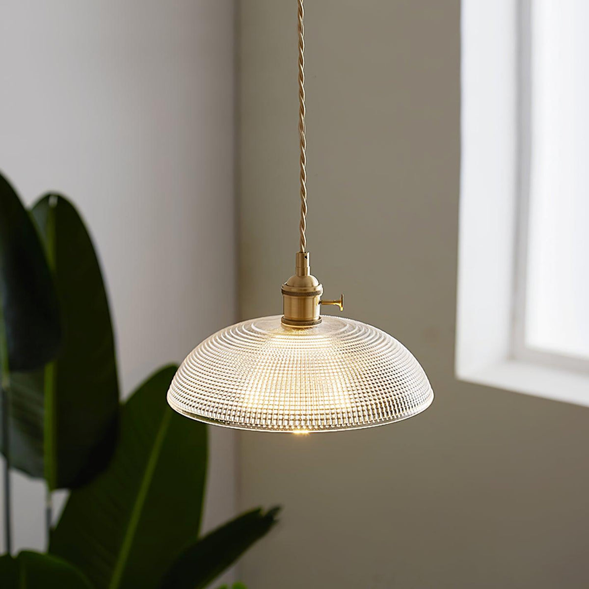 Ribbed Glass Dome Brass Pendant Light