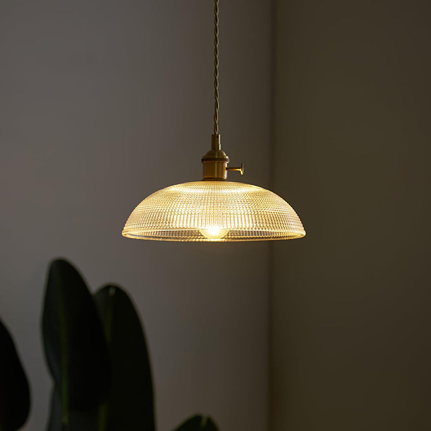 Ribbed Glass Dome Brass Pendant Light
