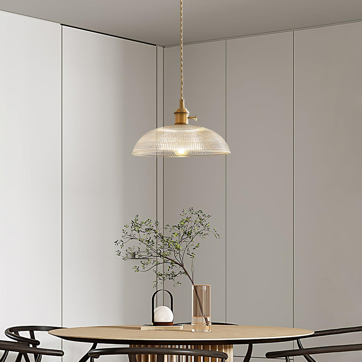 Ribbed Glass Dome Brass Pendant Light