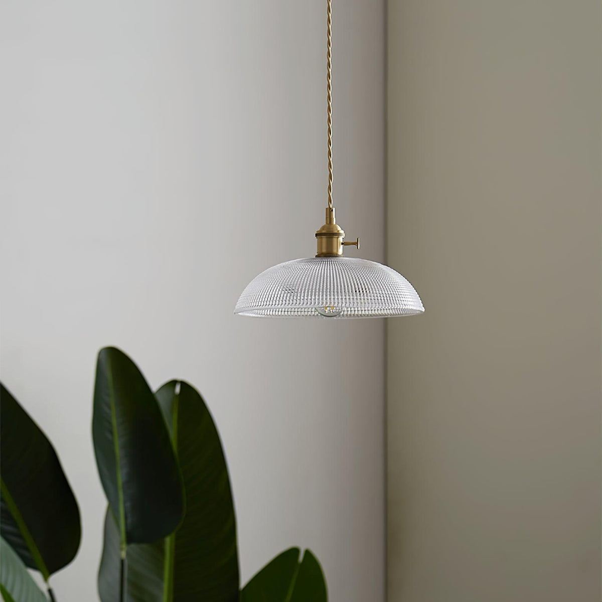 Ribbed Glass Dome Brass Pendant Light