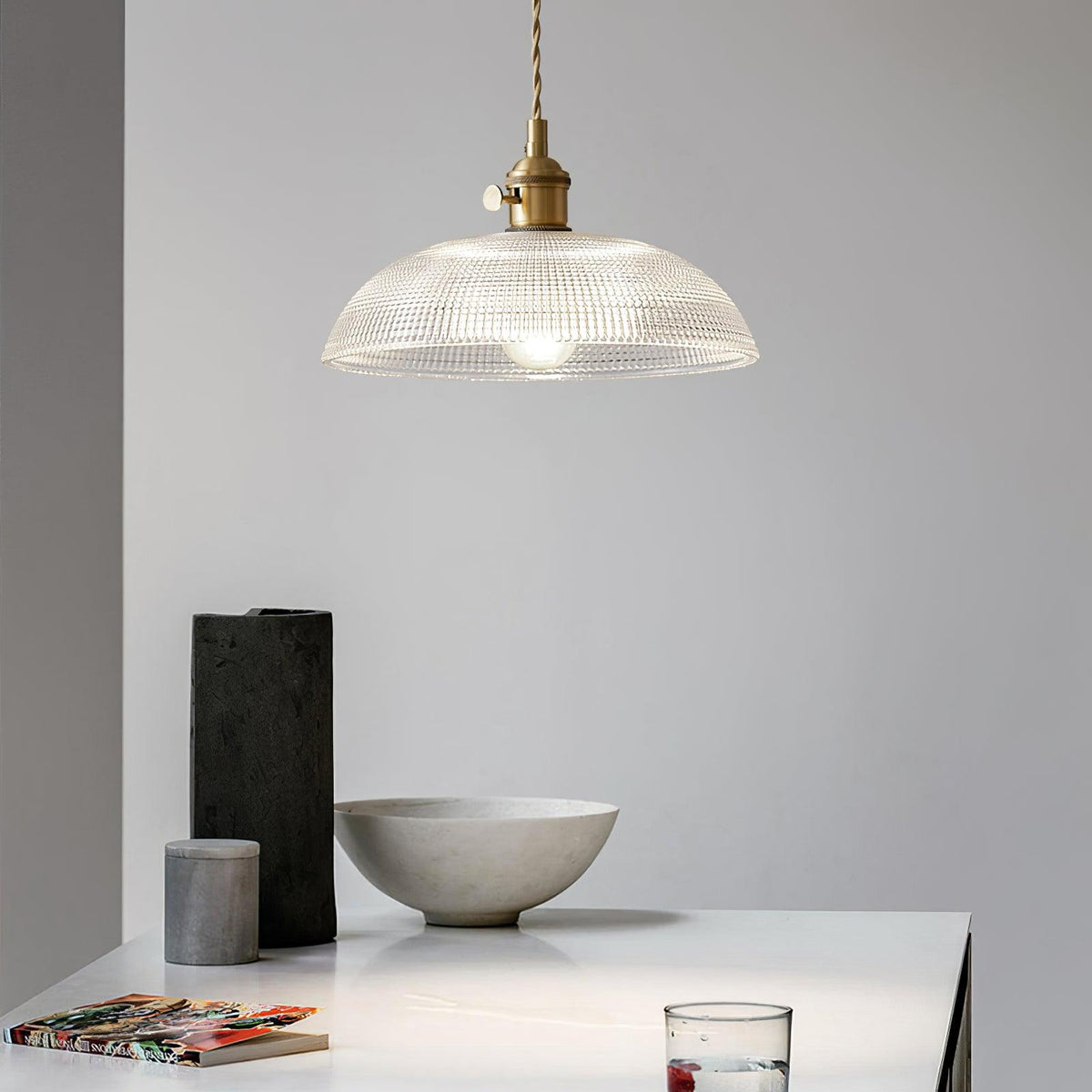 Ribbed Glass Dome Brass Pendant Light