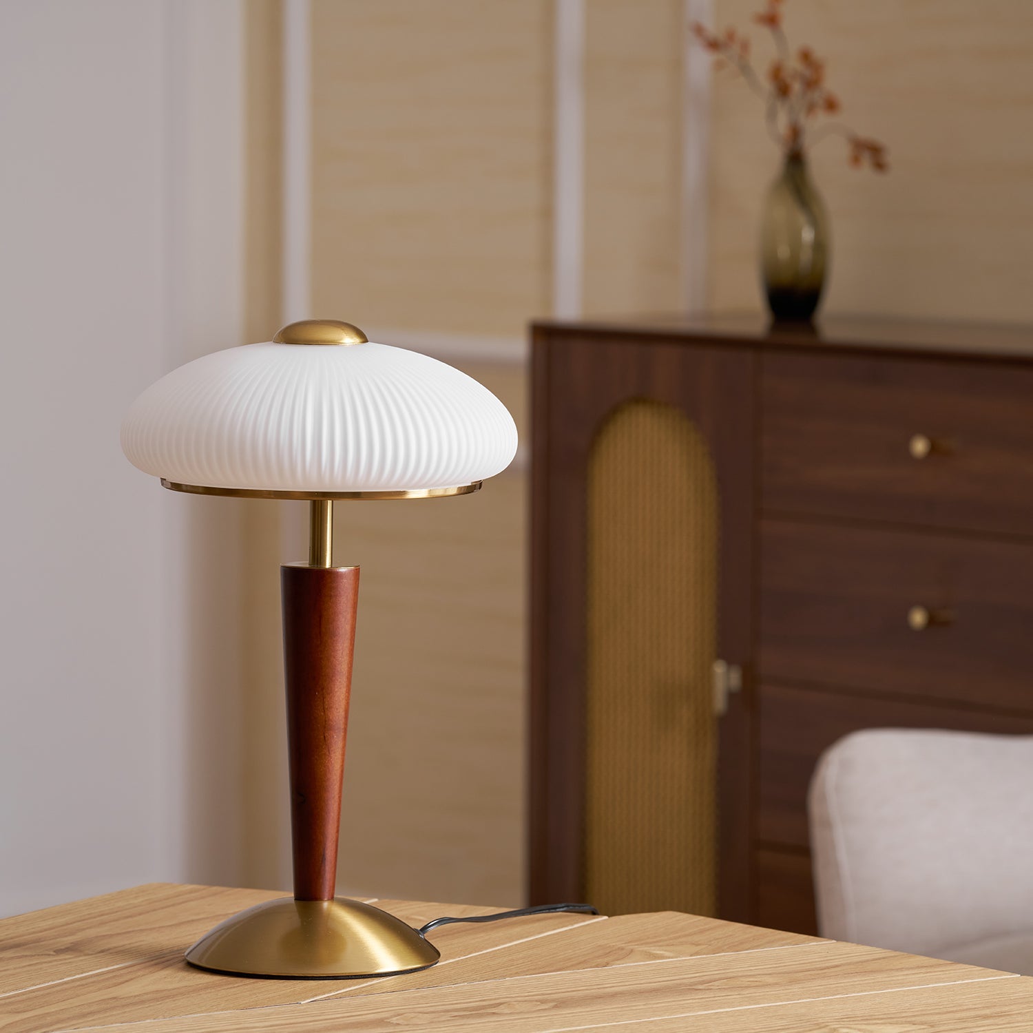 Calvrane Walnut Wood and Glass Table Lamp