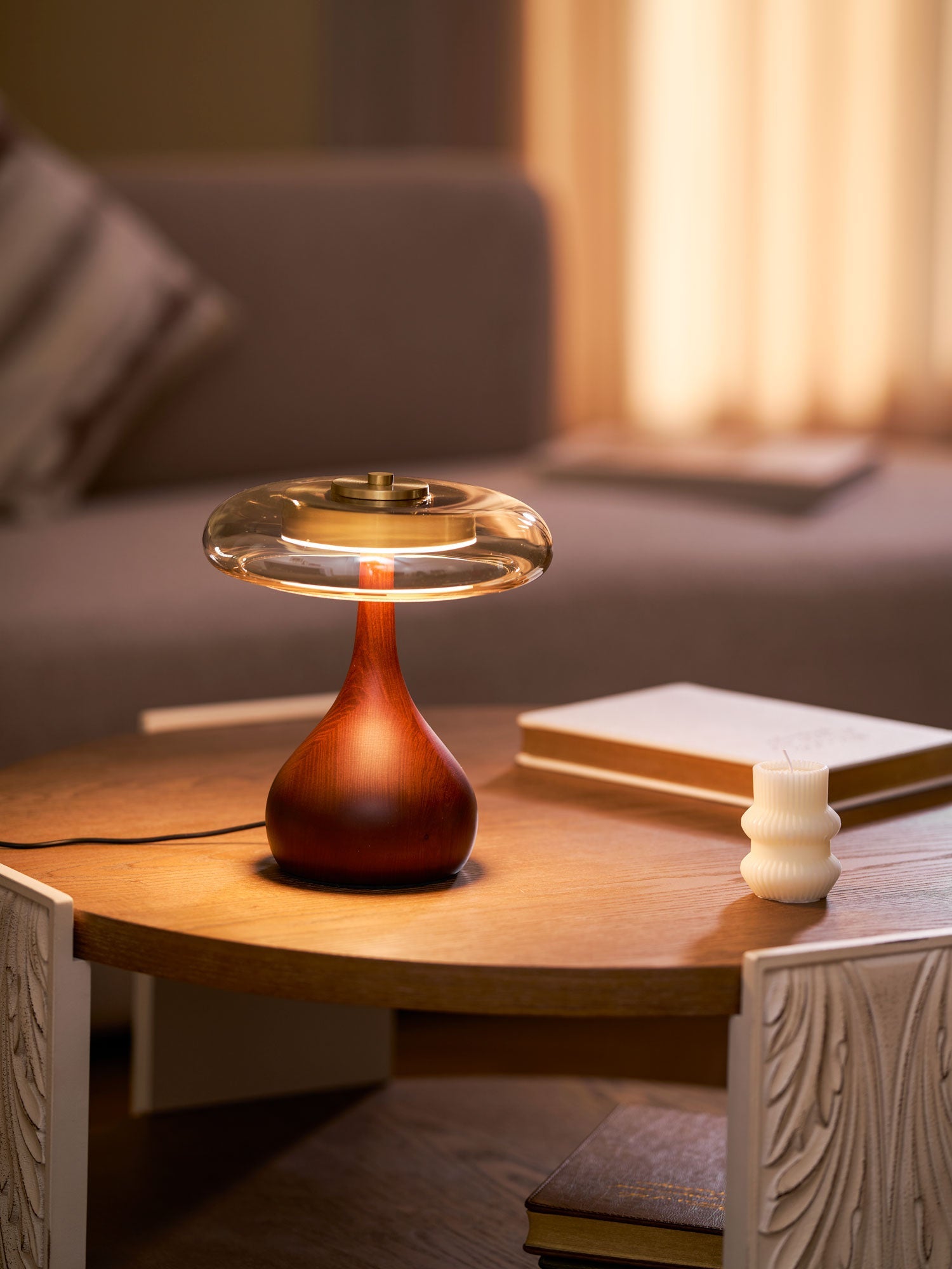 Mid-century Brass Glass Wood Table Lamp