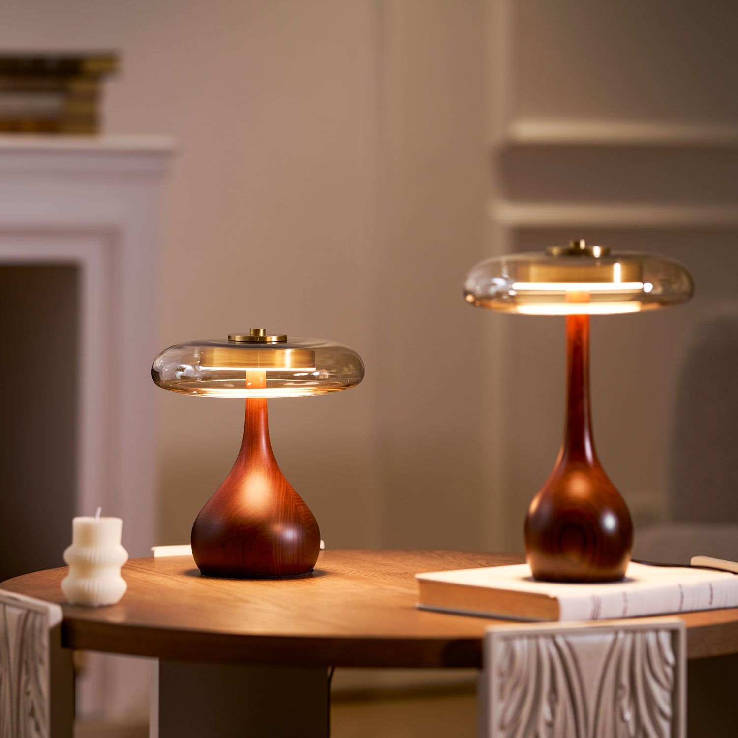 Mid-century Brass Glass Wood Table Lamp