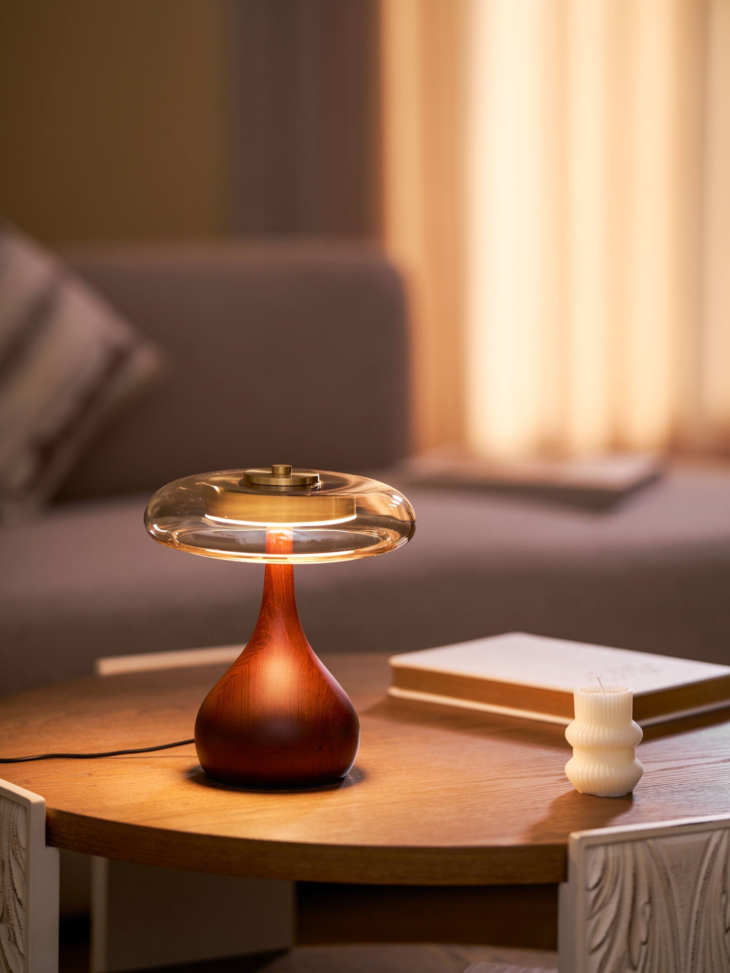Mid-century Brass Glass Wood Table Lamp