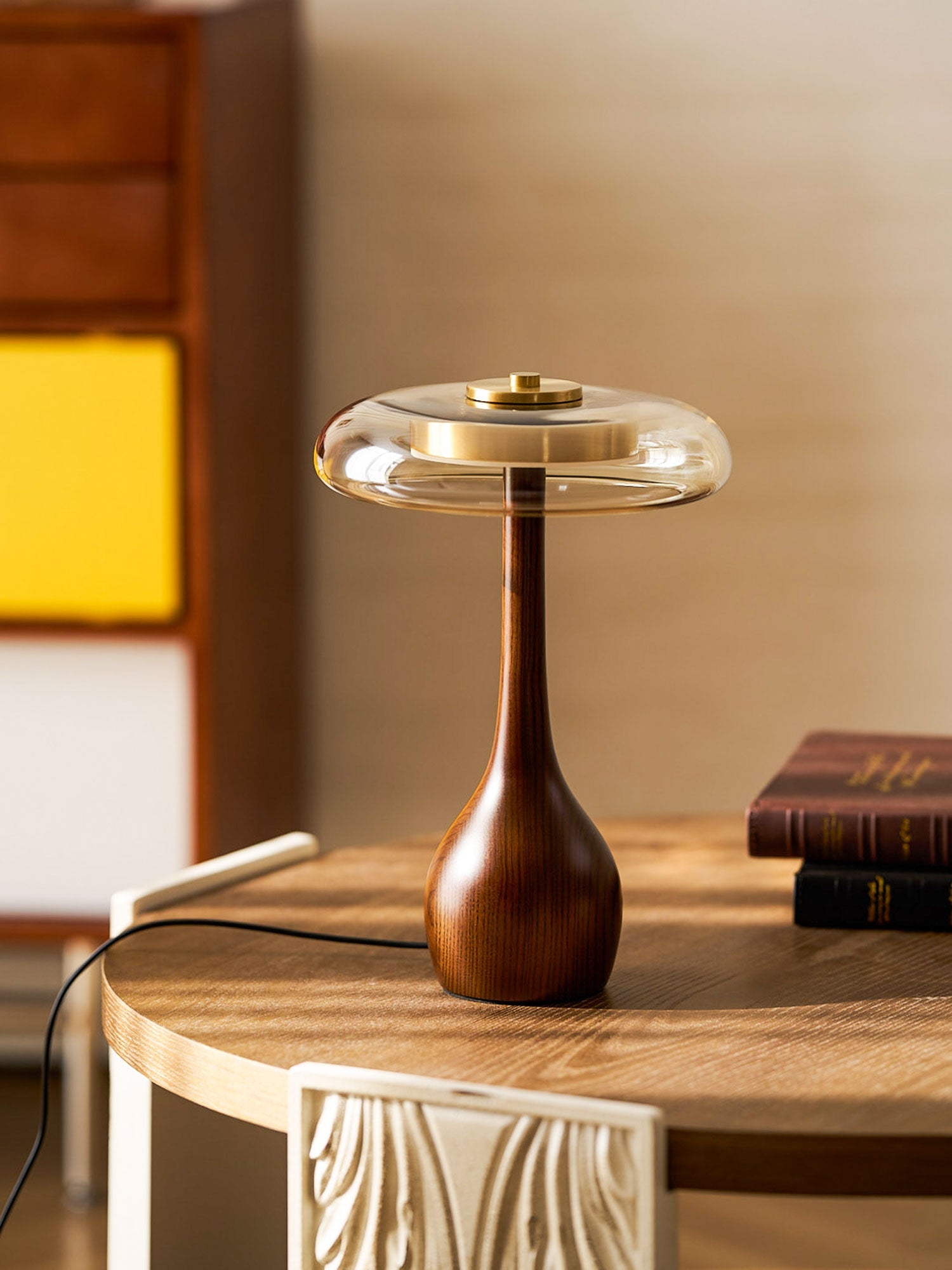 Mid-century Brass Glass Wood Table Lamp