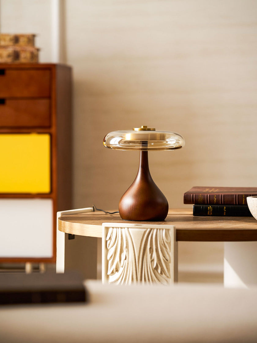 Mid-century Brass Glass Wood Table Lamp