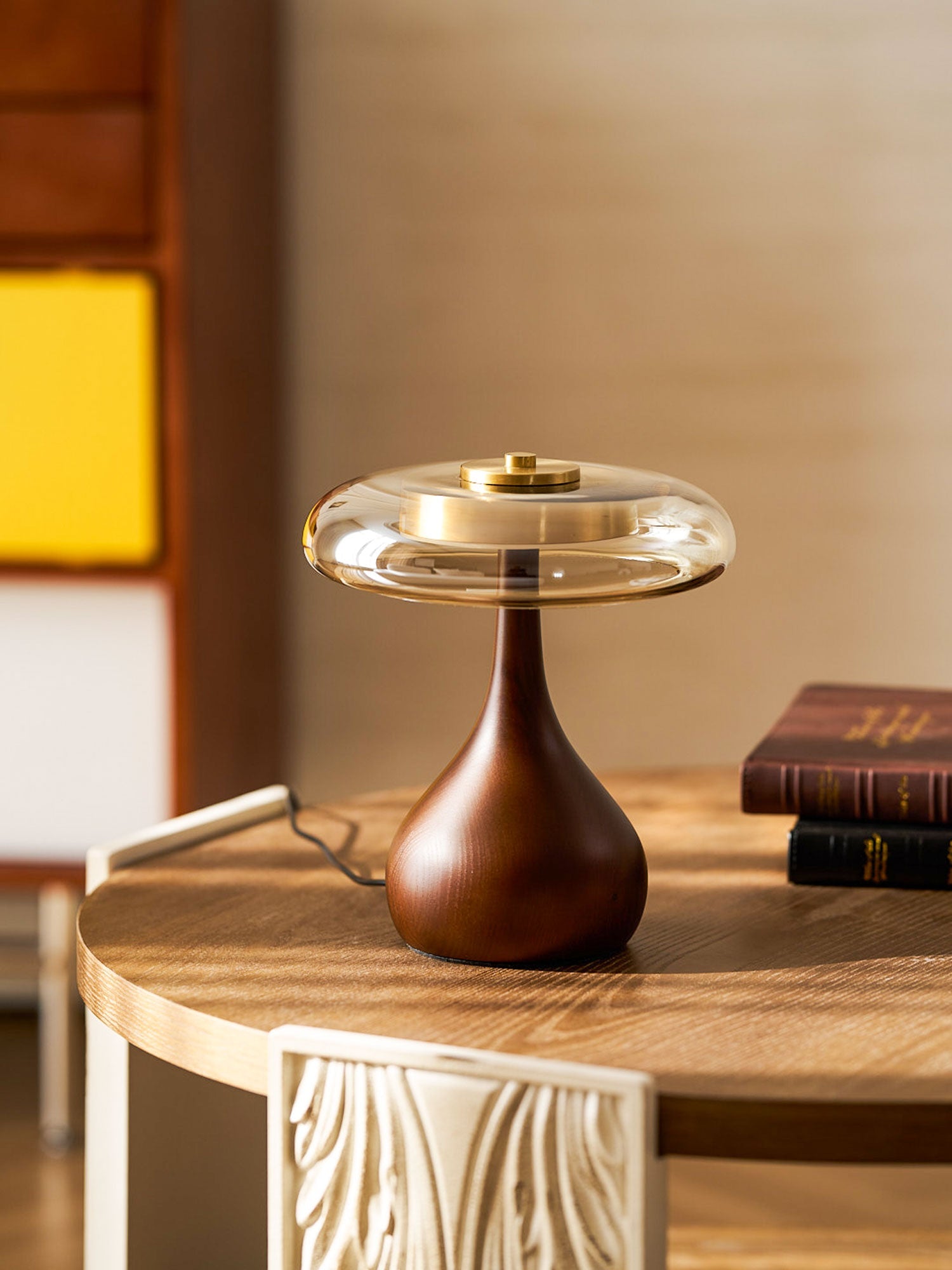Mid-century Brass Glass Wood Table Lamp