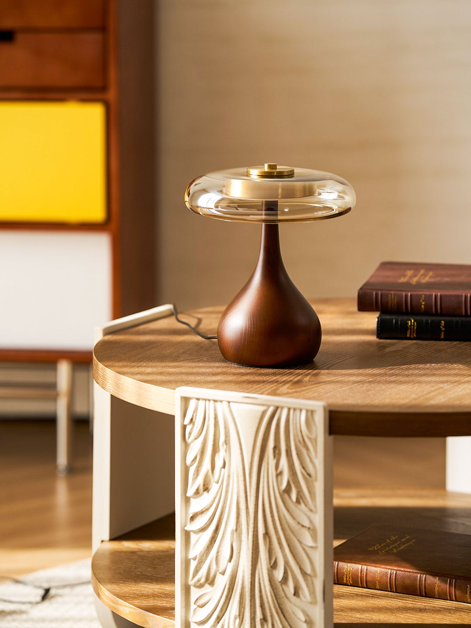 Mid-century Brass Glass Wood Table Lamp