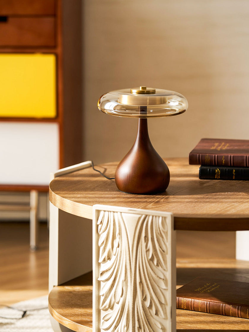 Mid-century Brass Glass Wood Table Lamp