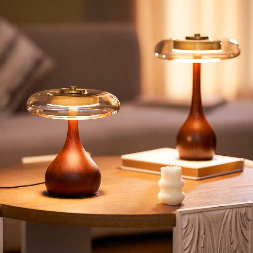 Mid-century Brass Glass Wood Table Lamp