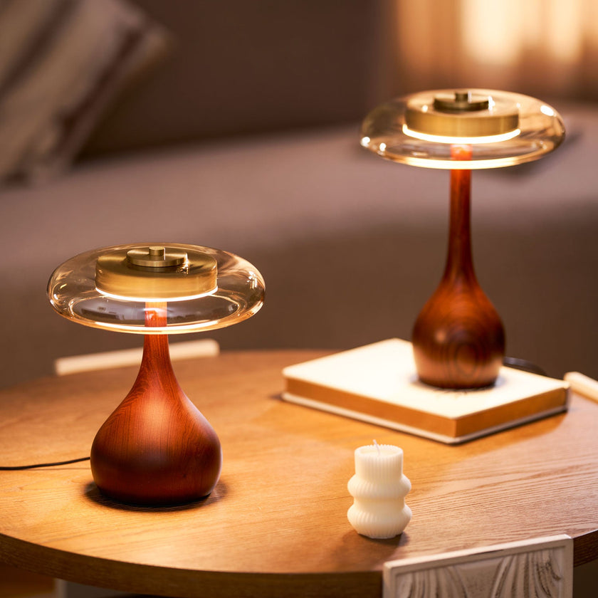 Mid-century Brass Glass Wood Table Lamp