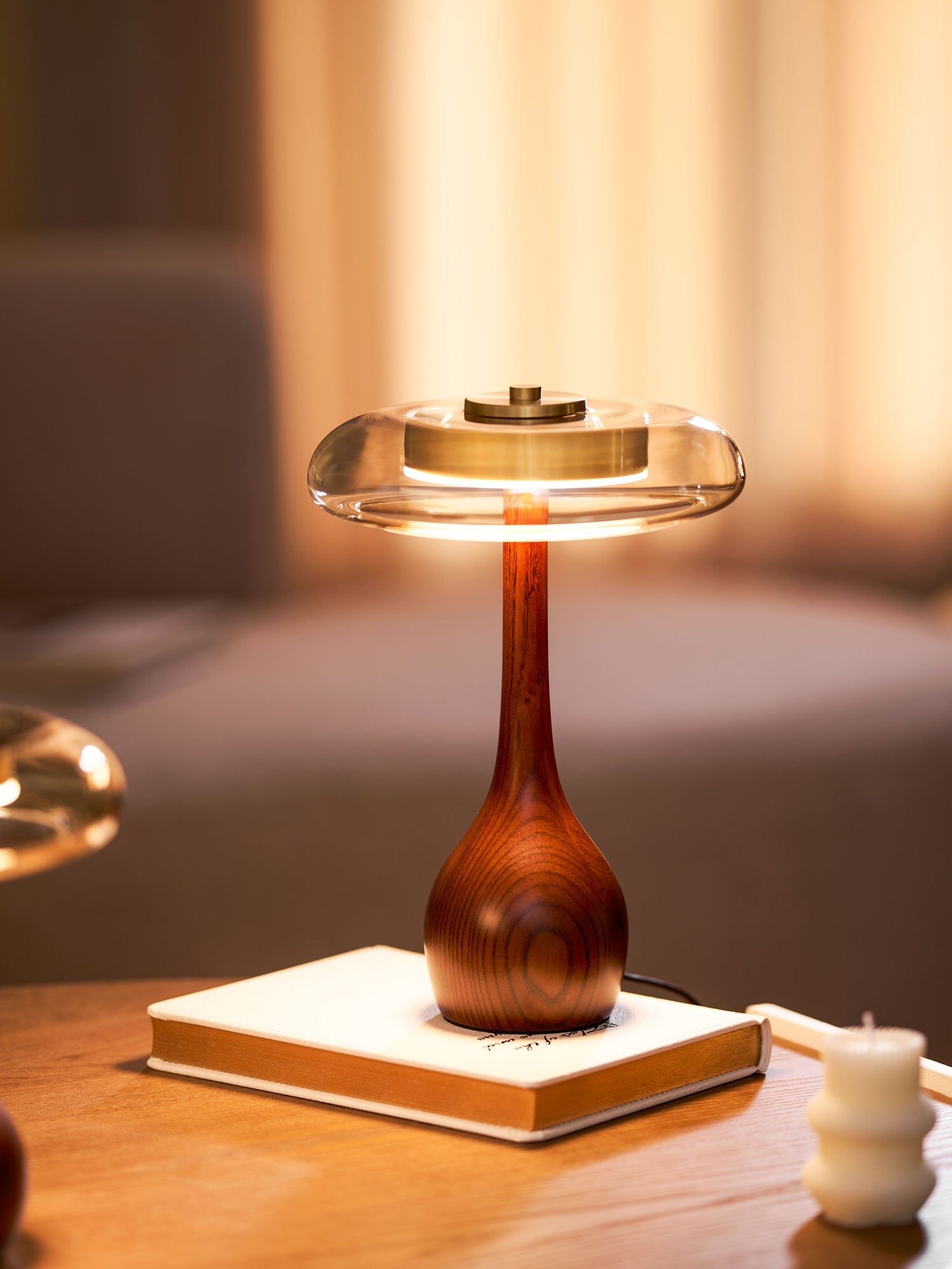Mid-century Brass Glass Wood Table Lamp